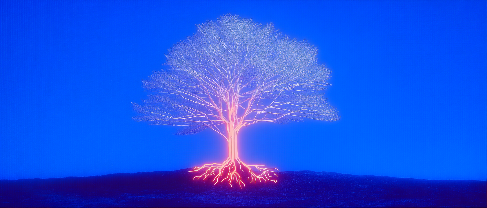Árbol con copa azul y raíces incandescentes — el humanware como sistema vivo conectado.